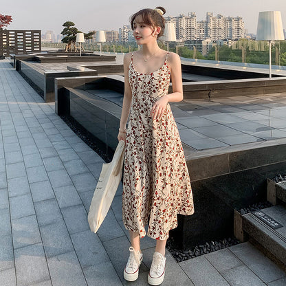 women's floral suspender dress with slim waist