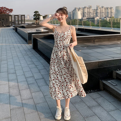 women's floral suspender dress with slim waist
