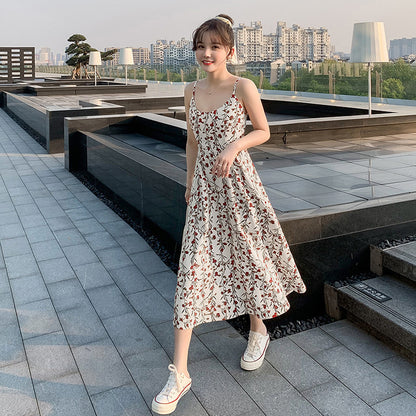 women's floral suspender dress with slim waist
