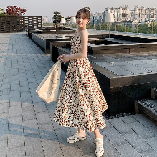 women's floral suspender dress with slim waist