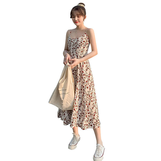 women's floral suspender dress with slim waist